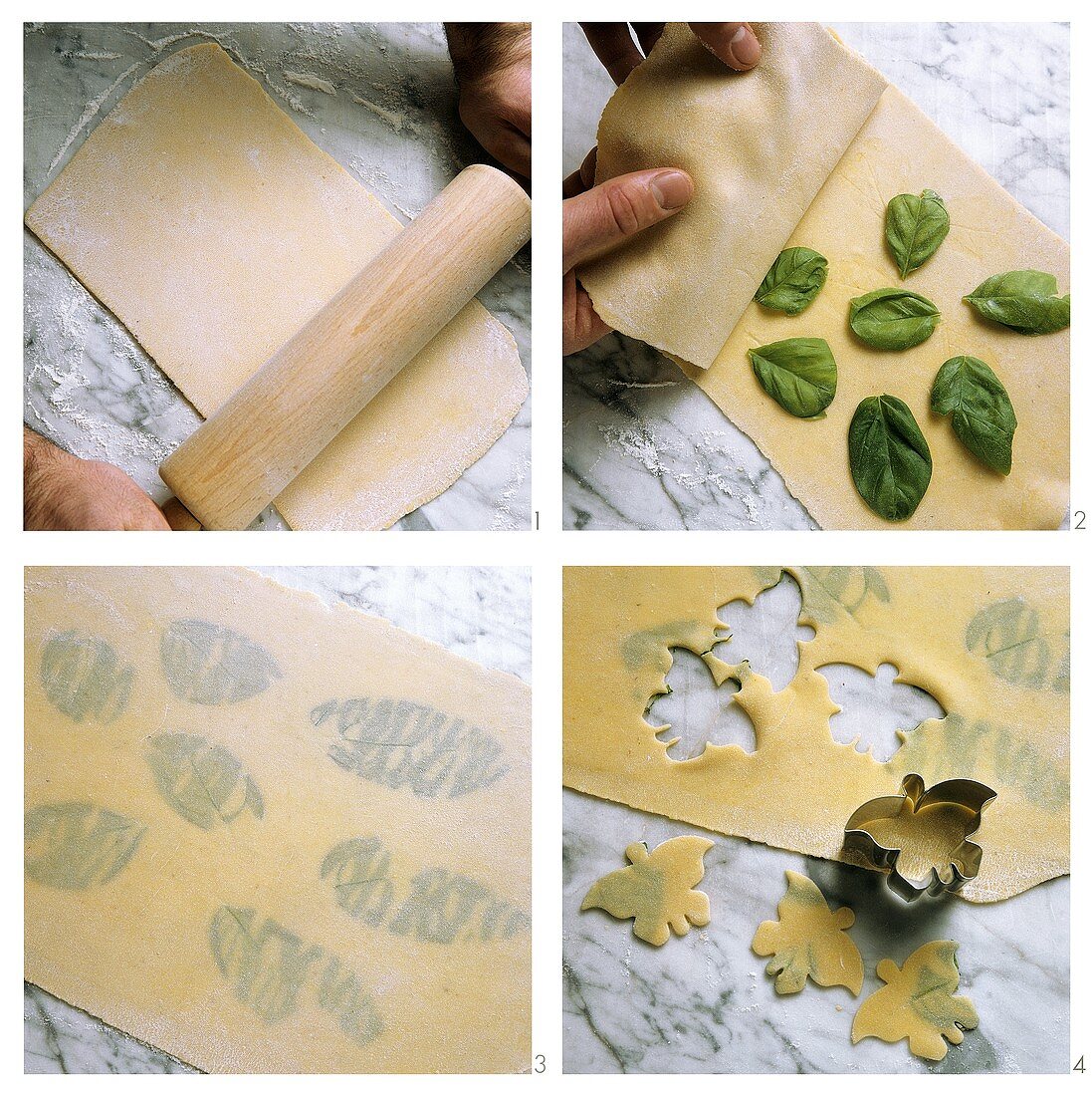 Making pasta dough with basil leaves