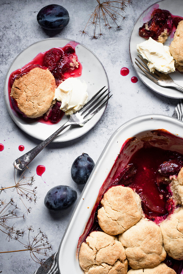 Cobbler mit Zwetschgen und Ingwer serviert mit Clotted Cream