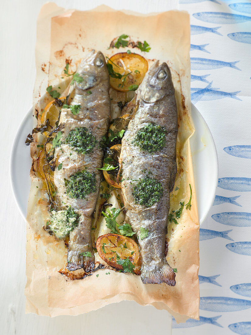 Fried trout on baking paper