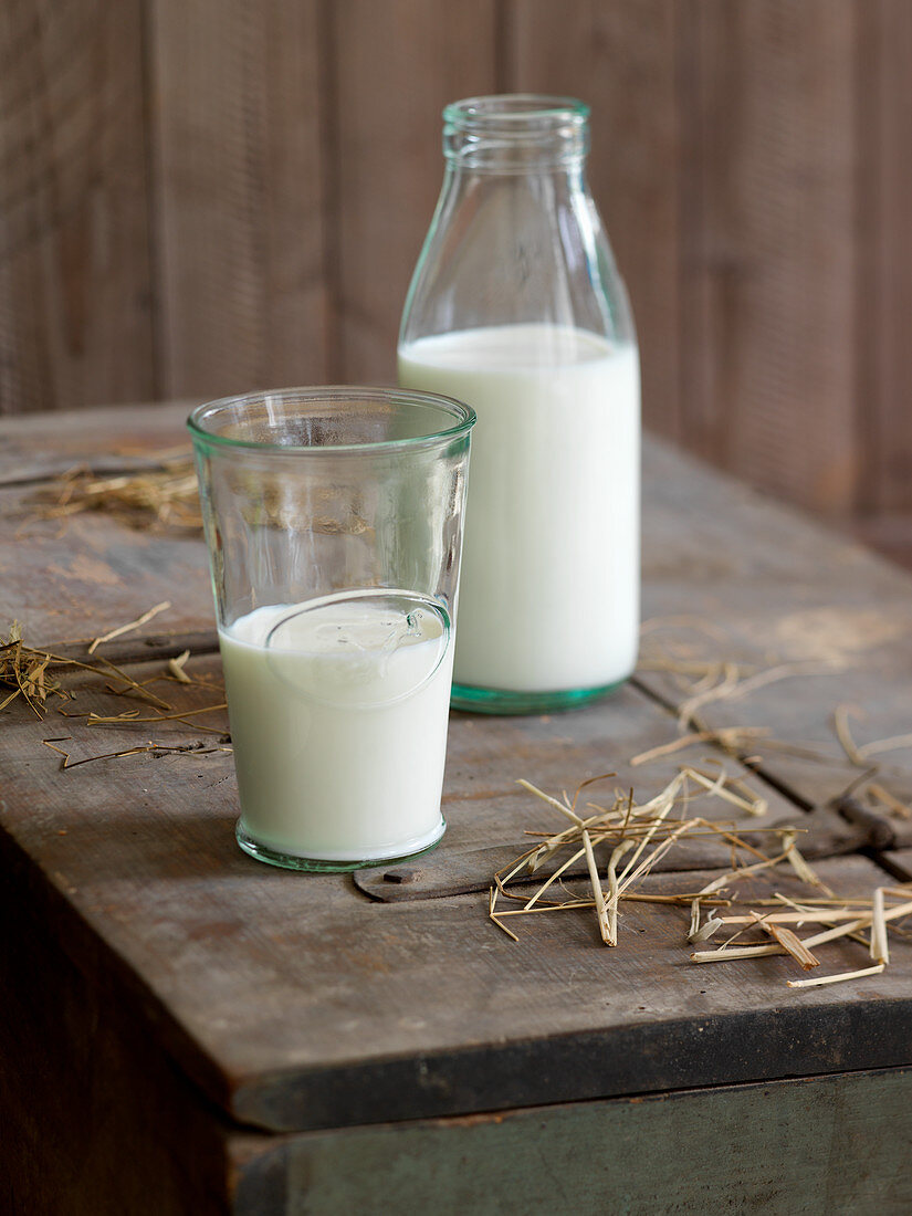 Milch in Glas und Flasche