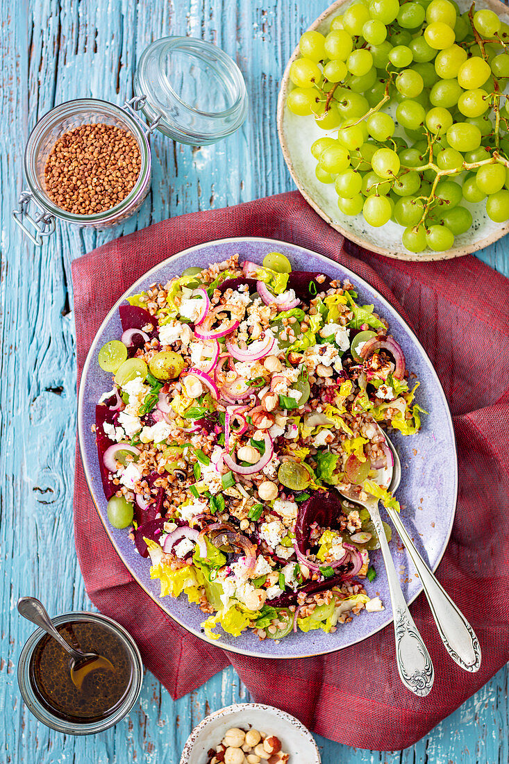 Buckwheat and beetroot salad with grapes and feta