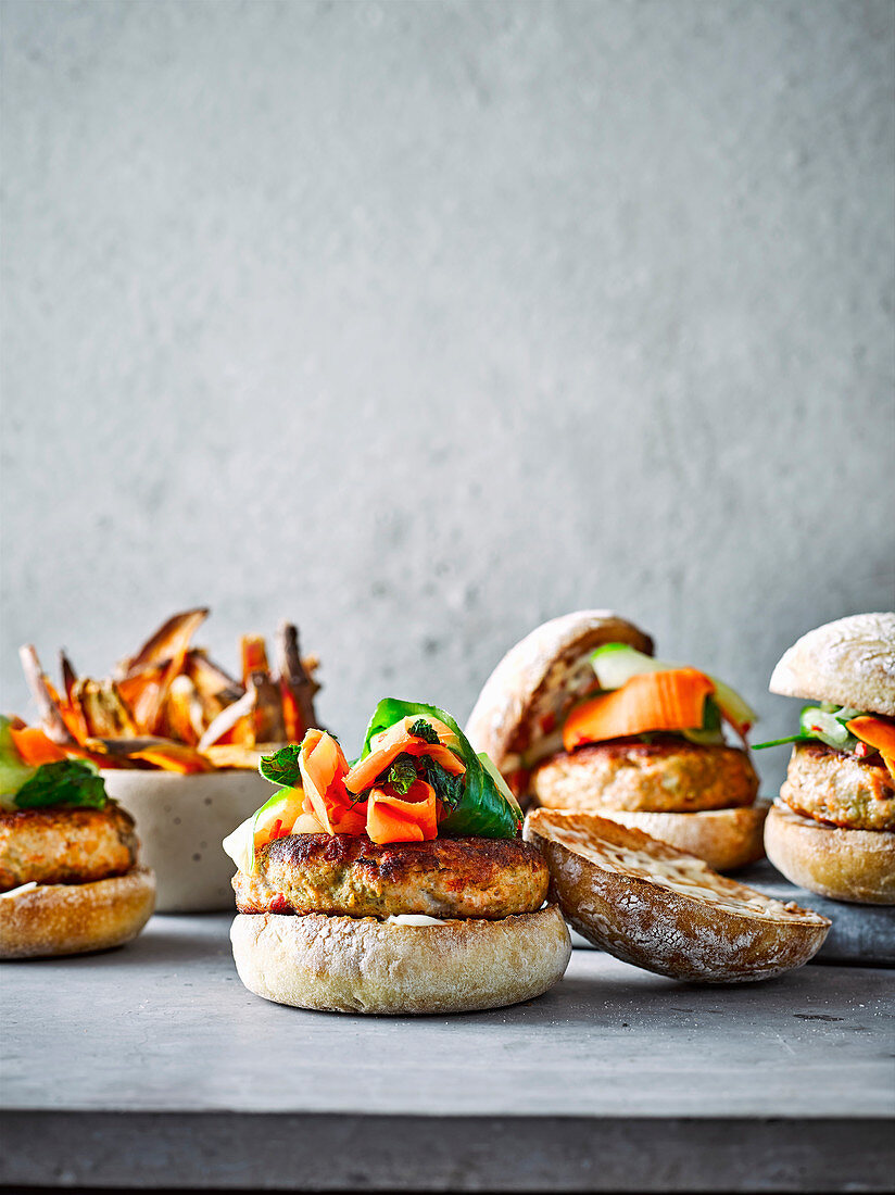 Thai green salmon burgers with spicy sweet potato wedges