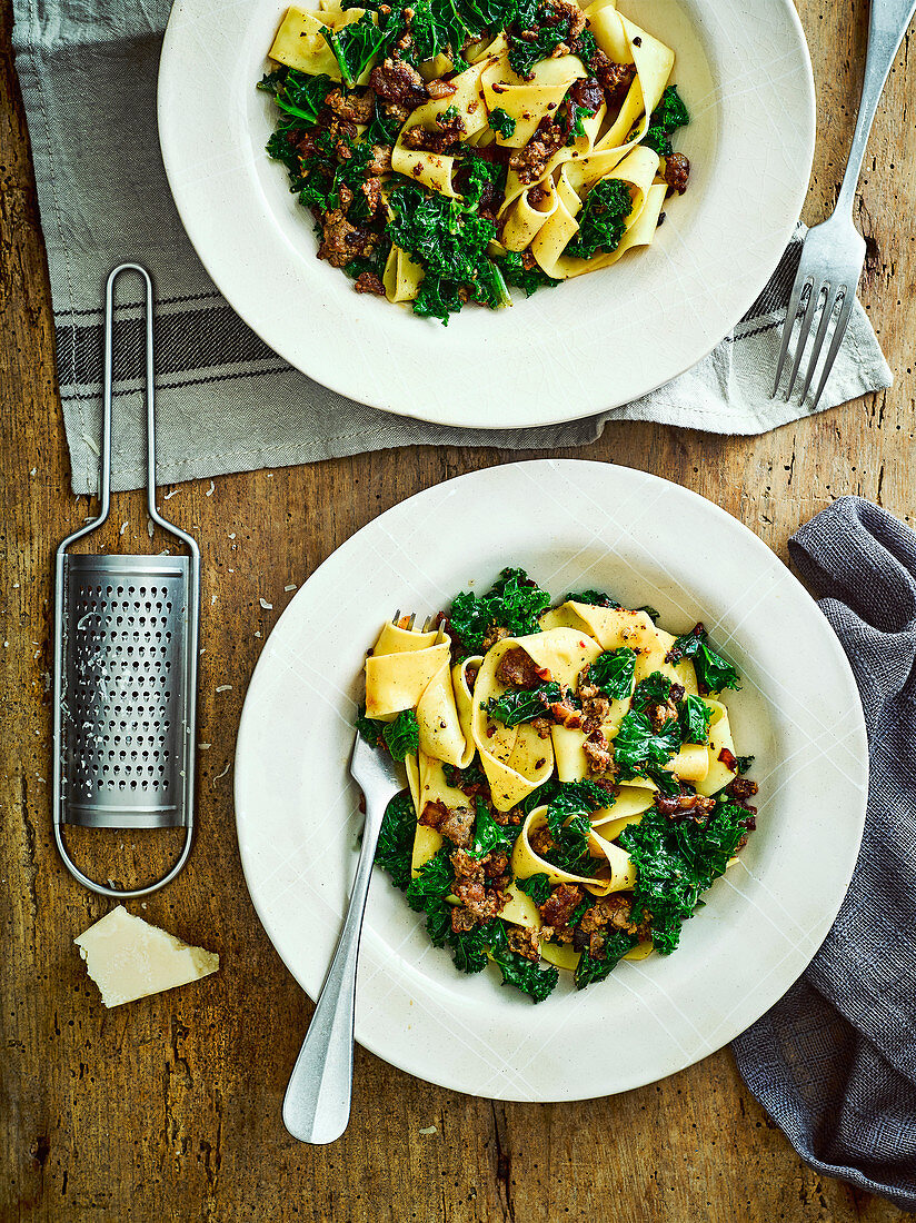 Pappardelle with spicy sausage and kale