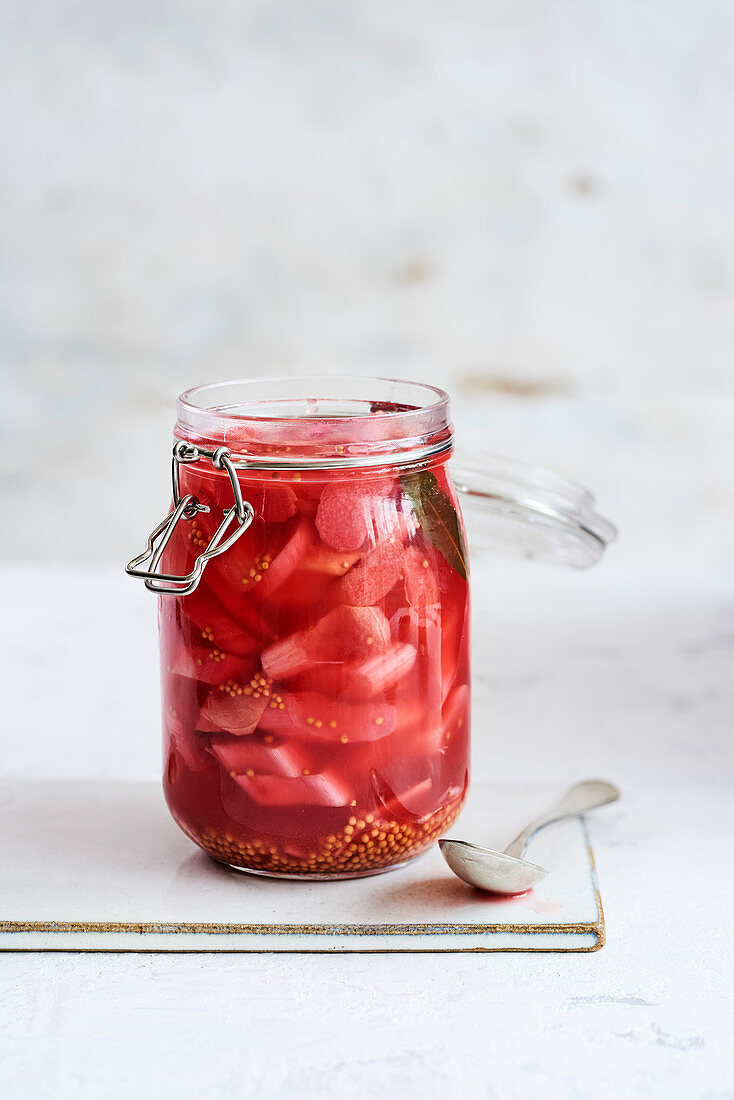 Pink pickled rhubarb with ginger