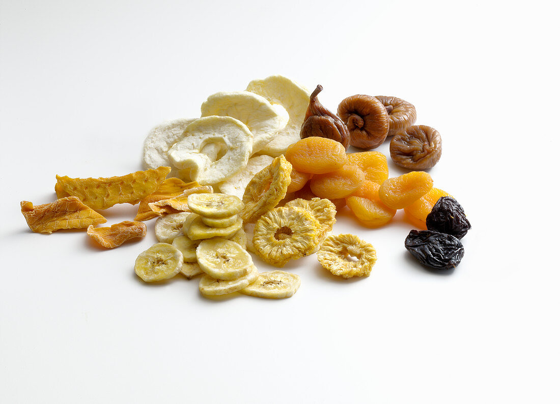 Various dried fruits on a white background