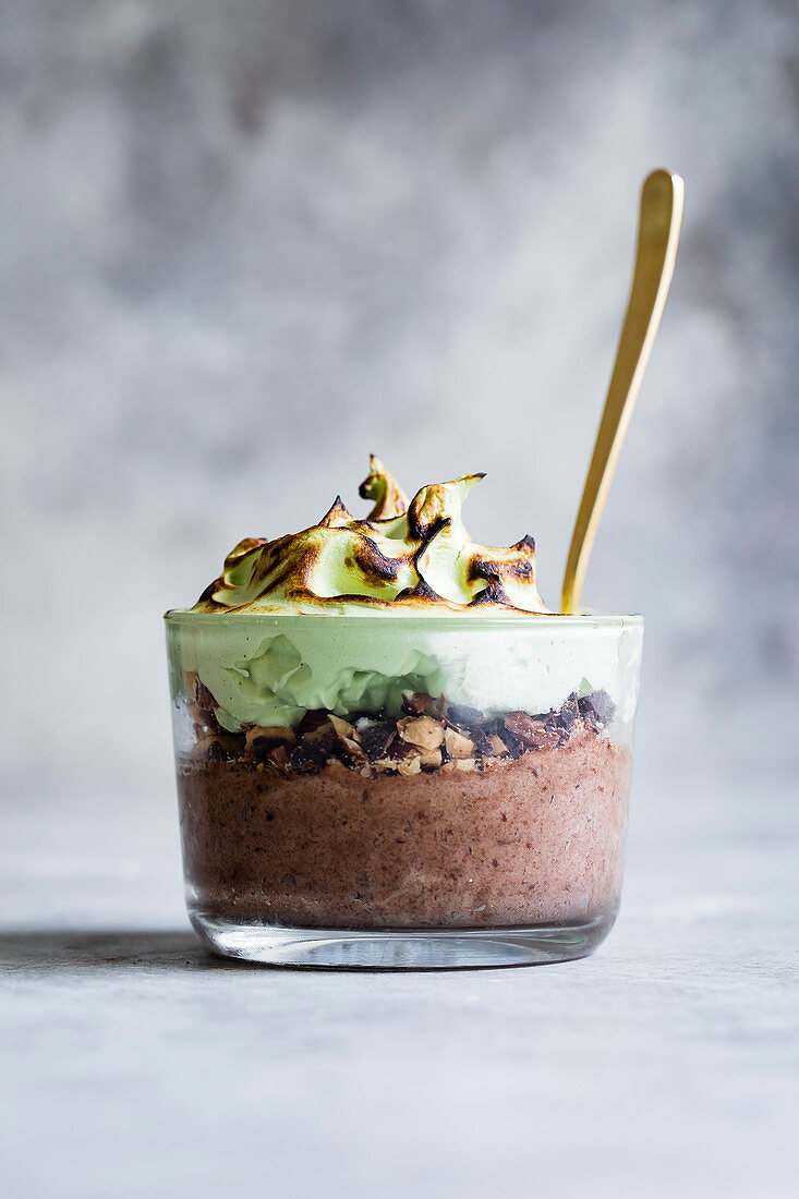 Mint Chocolate Mousse with Toasted Matcha Meringue