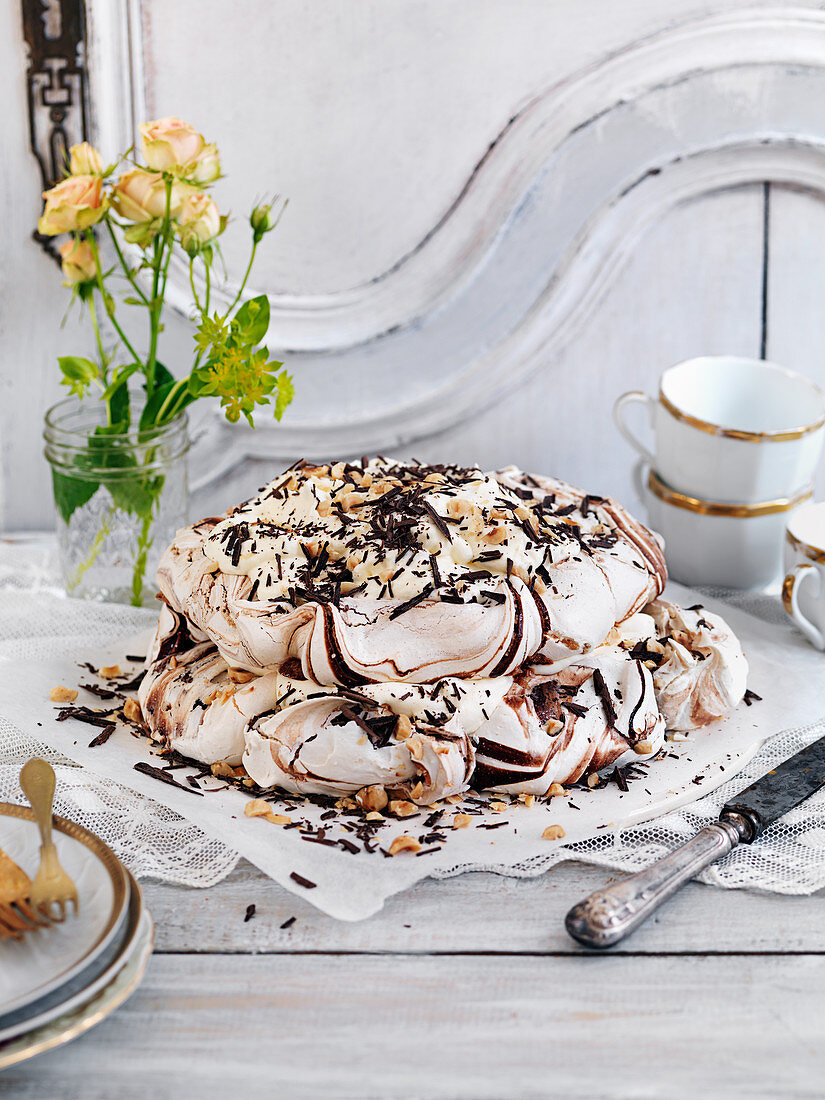 Meringues cake with chocolate and hazelnuts