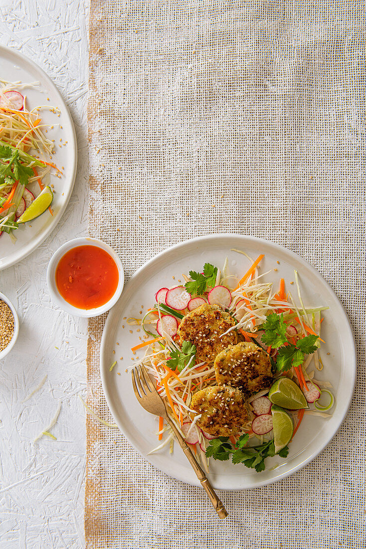 Thai fish cakes with crunchy salad and chilli dipping sauce