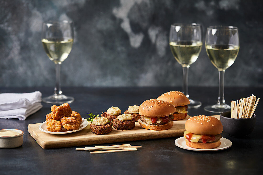 Canape party selection - Falafel, MIni burger, Salt and pepper squid