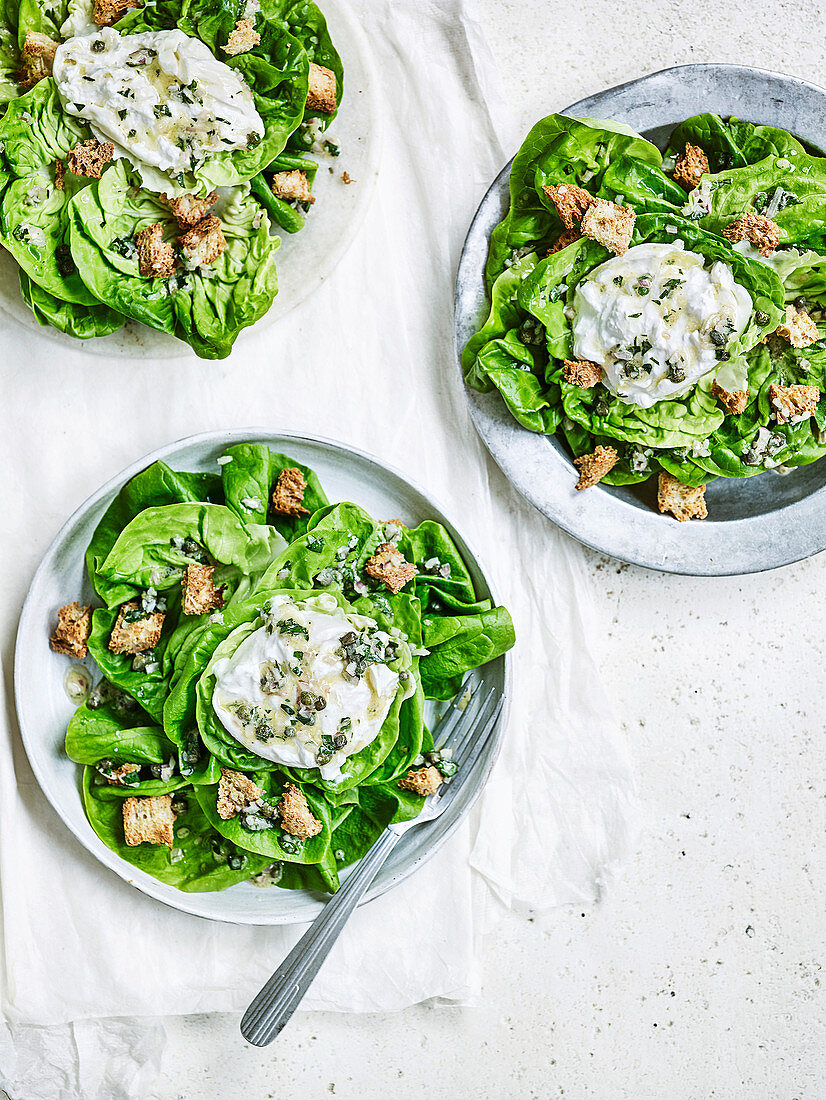 Kopfsalat mit Burrata-Kapern-Dressing