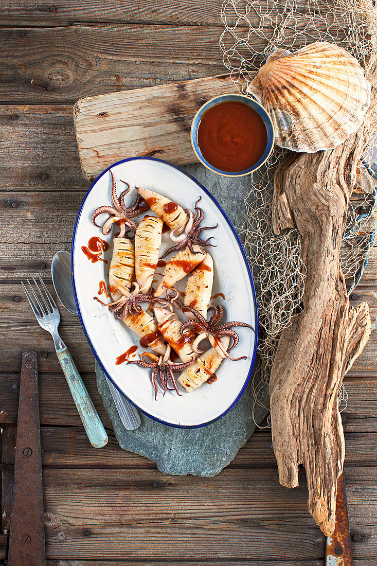 Spicy squid with Japanese BBQ sauce
