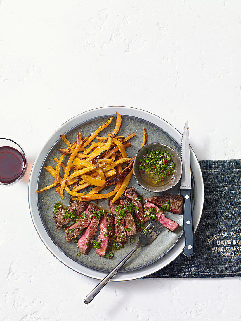 Feather steaks with chimichurri and sweet potato fries