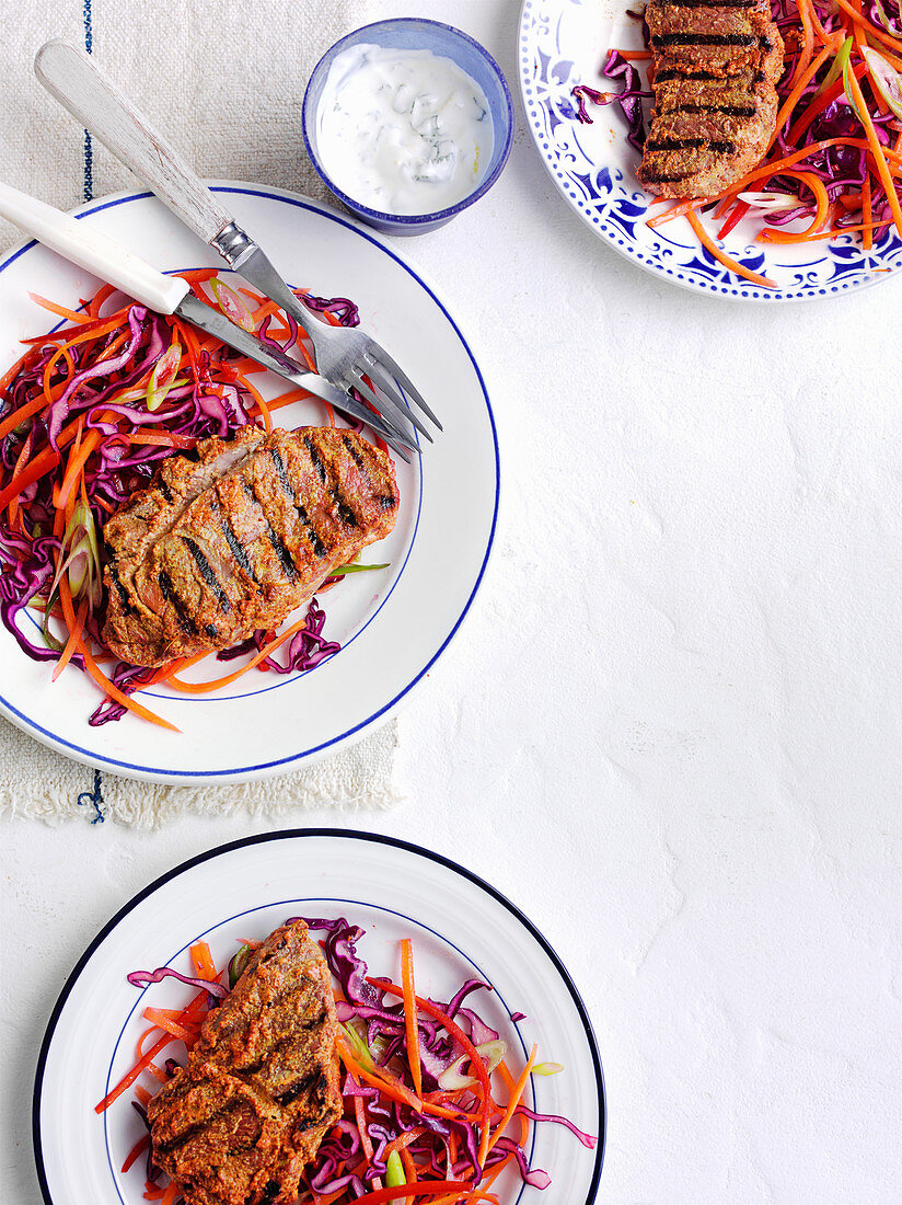 Tandoori lamb steaks with chilli-spiked slaw