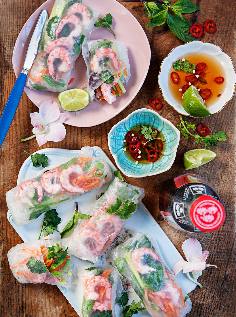 Asian summer rolls with prawns, lime, coriander, carrot, mint and cucumber