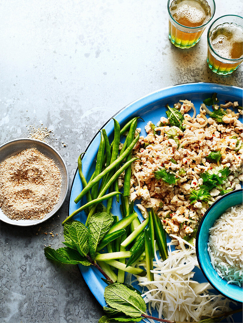 Minced rabbit salad with toasted rice powder (larb gra-dtaai isaan)