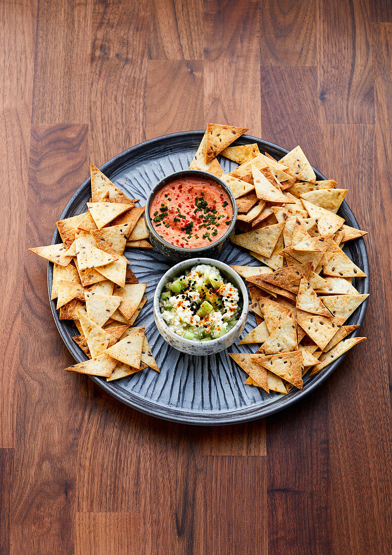 Crisp spiced tortilla corners with two types of dips