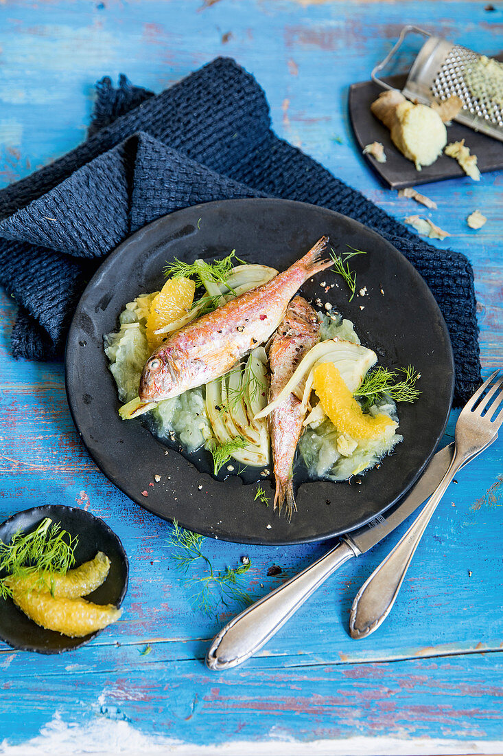 Red mullet with orange, ginger and fennel vegetables (keto cuisine)