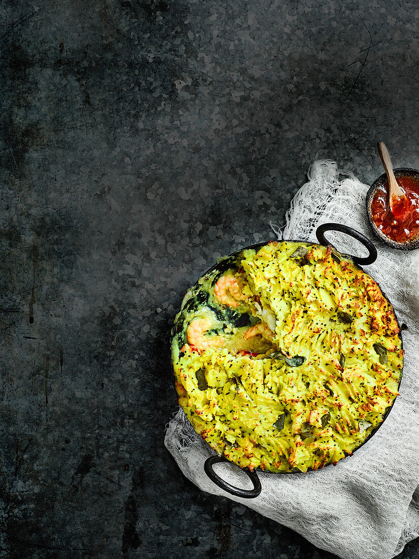 Bombay fish pie with prawns and mashed potatoes