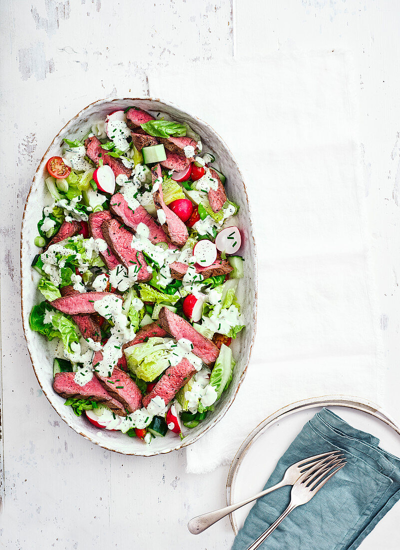 Chargrilled steak with chopped salad and blue-cheese dressing