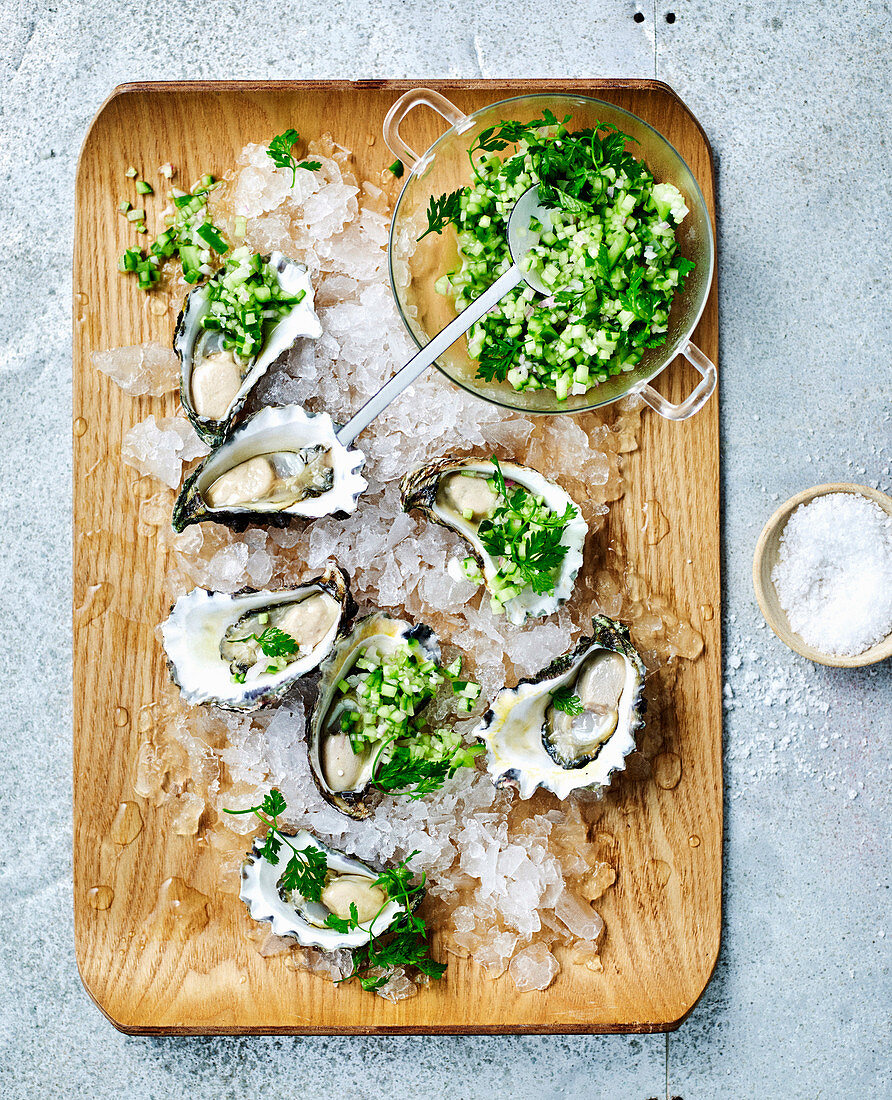 Oysters with cucumber and shallot salad
