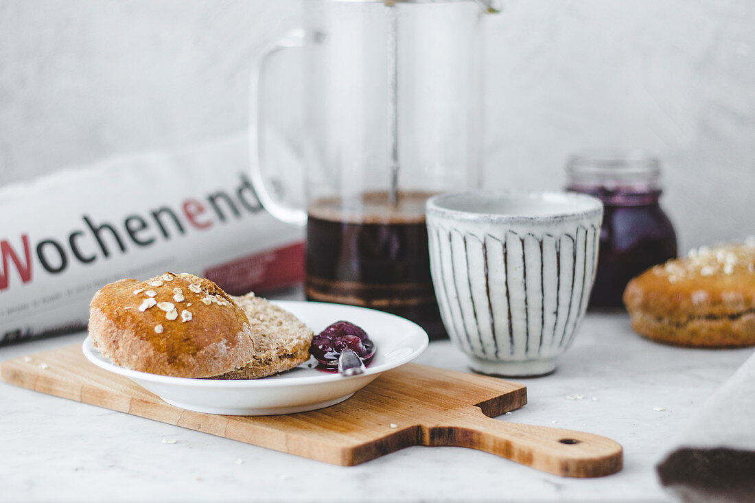 Weekend breakfast with scones, jam and French press coffee