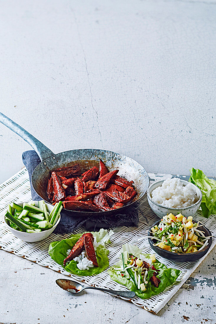 Teriyaki mackerel, pineapple and rice lettuce wraps