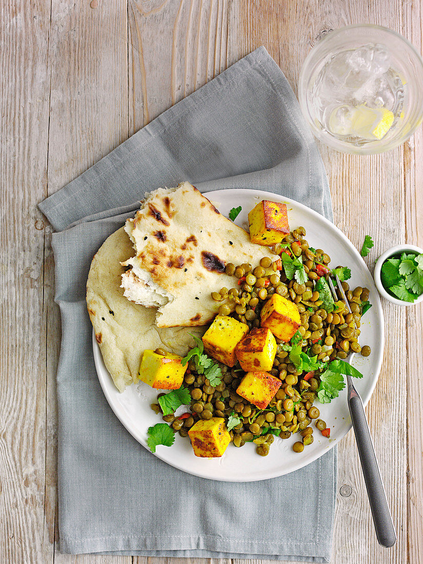 Spiced paneer with chilli green lentils
