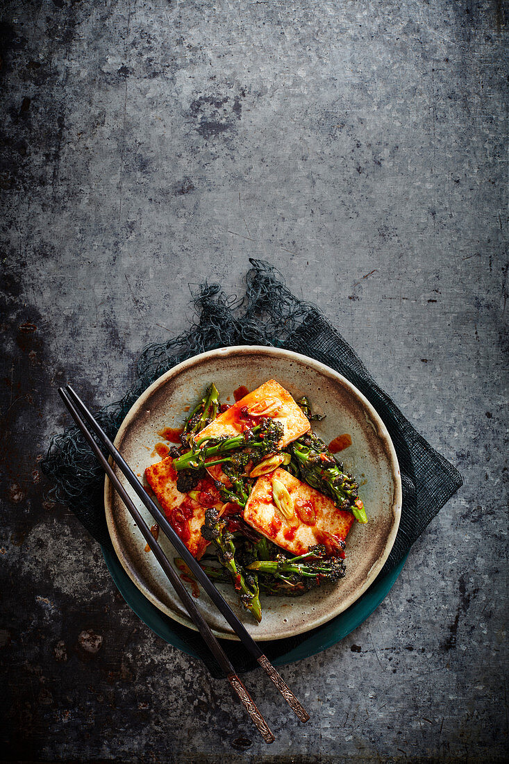 Chinese-style purple sprouting broccoli with tofu