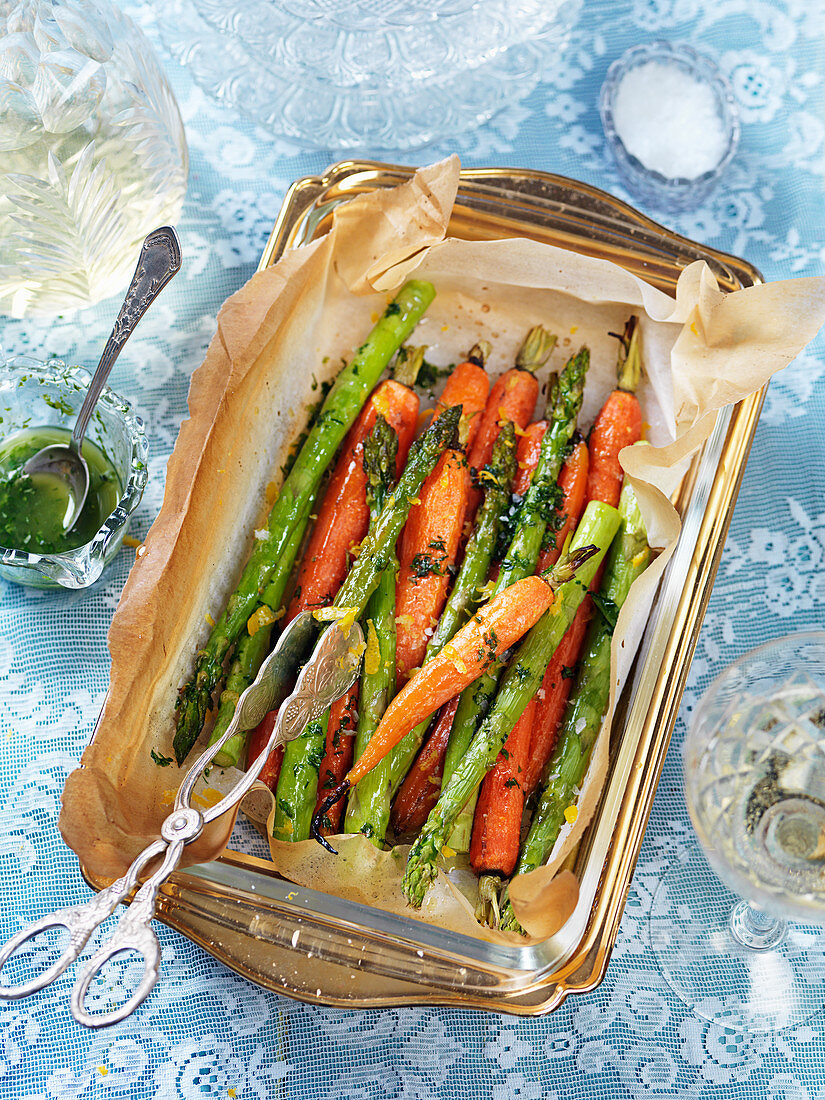 Easter grilled carrots and asparagus with herb dressing