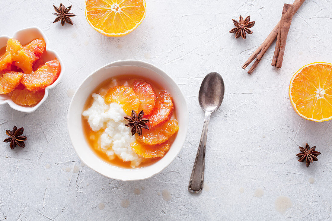 Rice porridge with blood oranges marinated in cinnamon and star anice