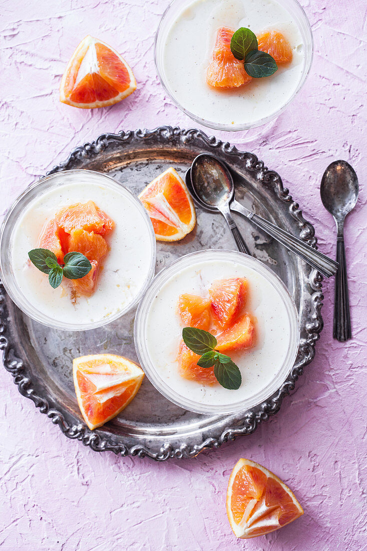 Yogurt pannacotta with blood oranges and mint