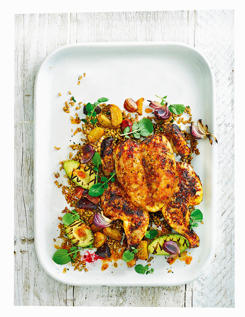Sticky citrus chicken with griddled avocado and beet salad