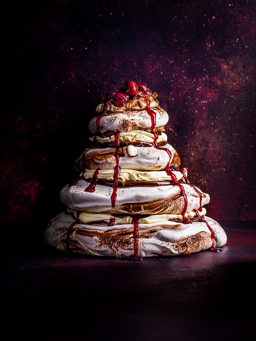 Black forest meringue tower for Christmas