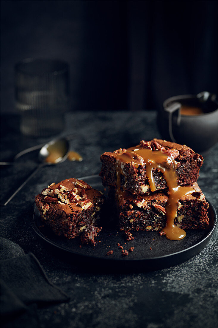 Chocolate and Pecan Brownie with Caramel Sauce