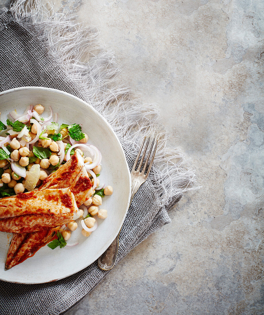 Spiced mackerel fillets with shallot and lemon chickpeas