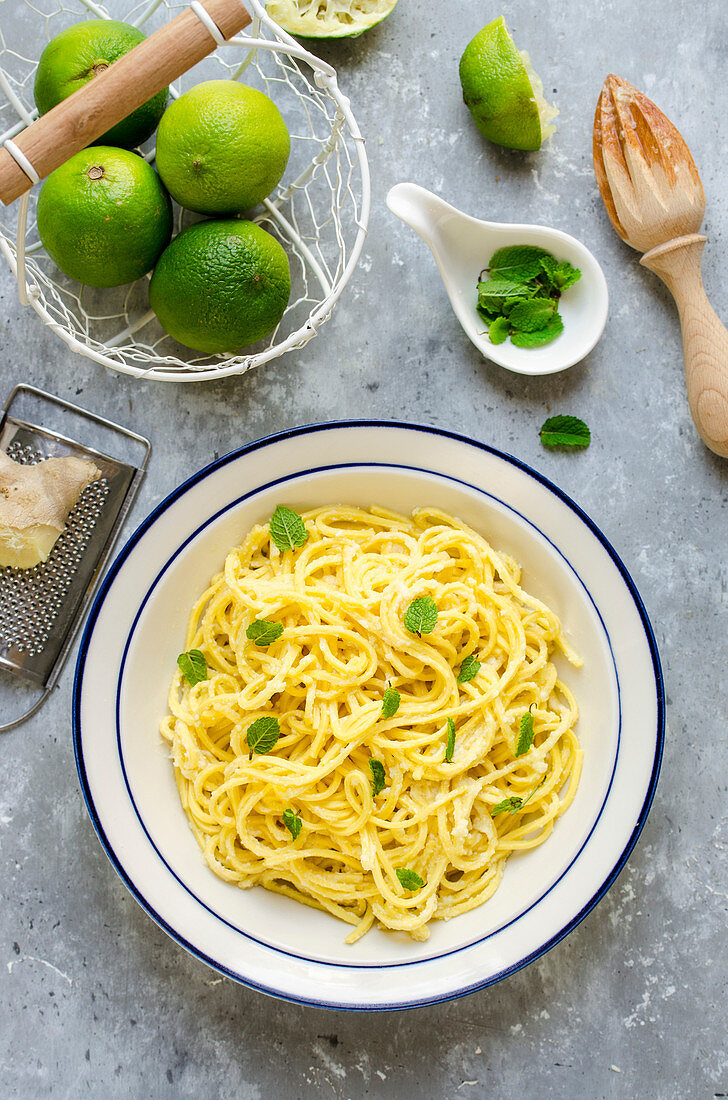 Spaghetti with ginger-lime sauce
