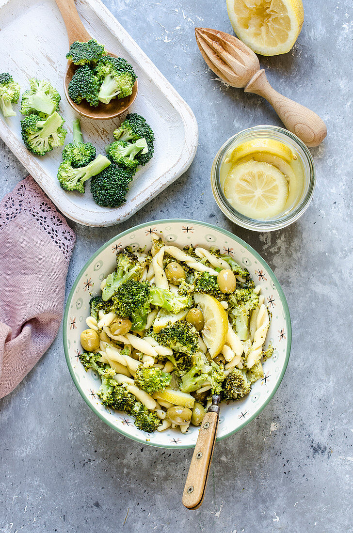 Pasta with broccoli, olives and pickled lemons