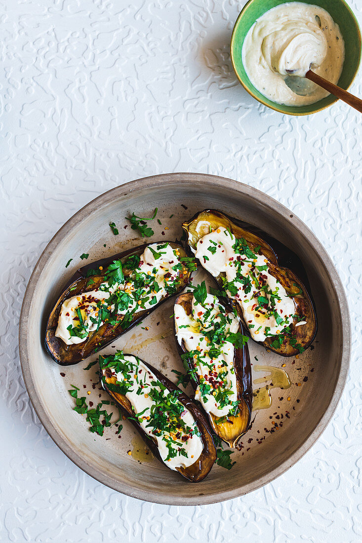 Aubergines with tahini yogurt