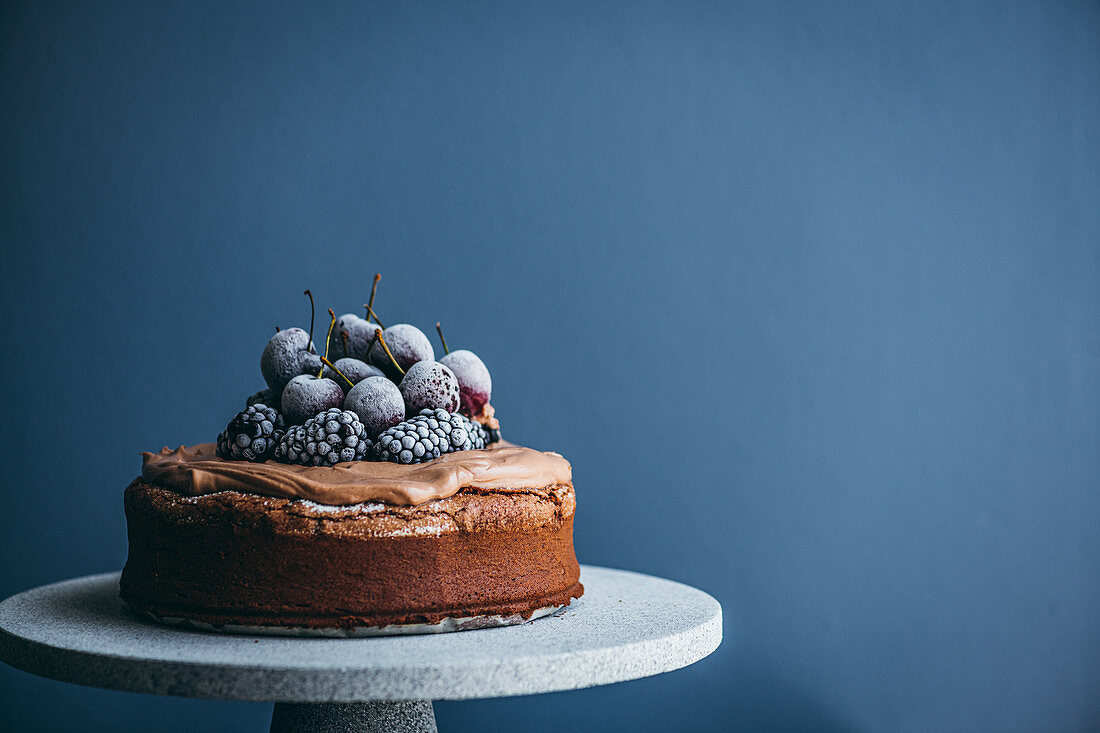 Cake with chocolate cream Frosting and Frozen Berries