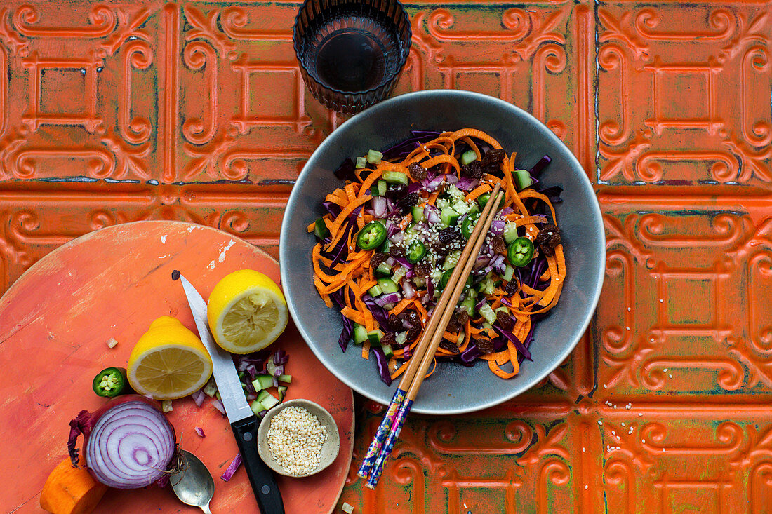 Asian slaw with carrots, red cabbage and sesame seeds