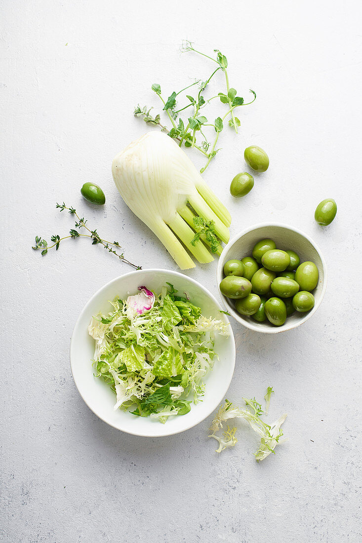 Blattsalate, Fenchel und Oliven als Salatzutaten