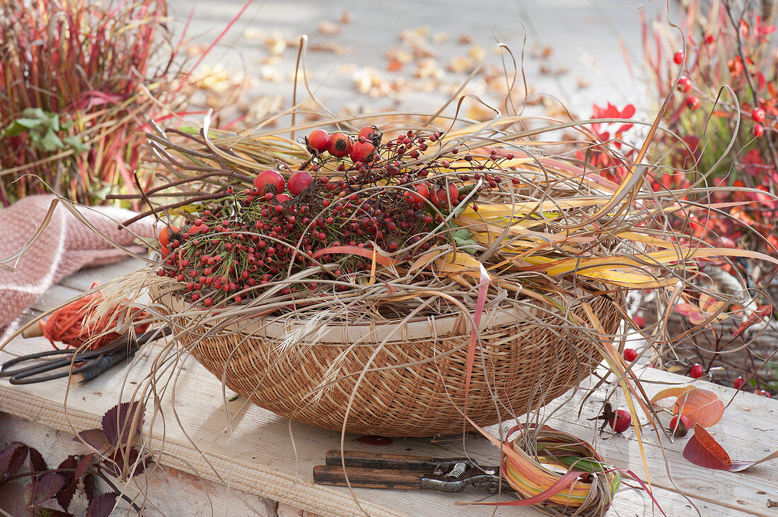 Basket with grasses and rose hips for floristic decorations