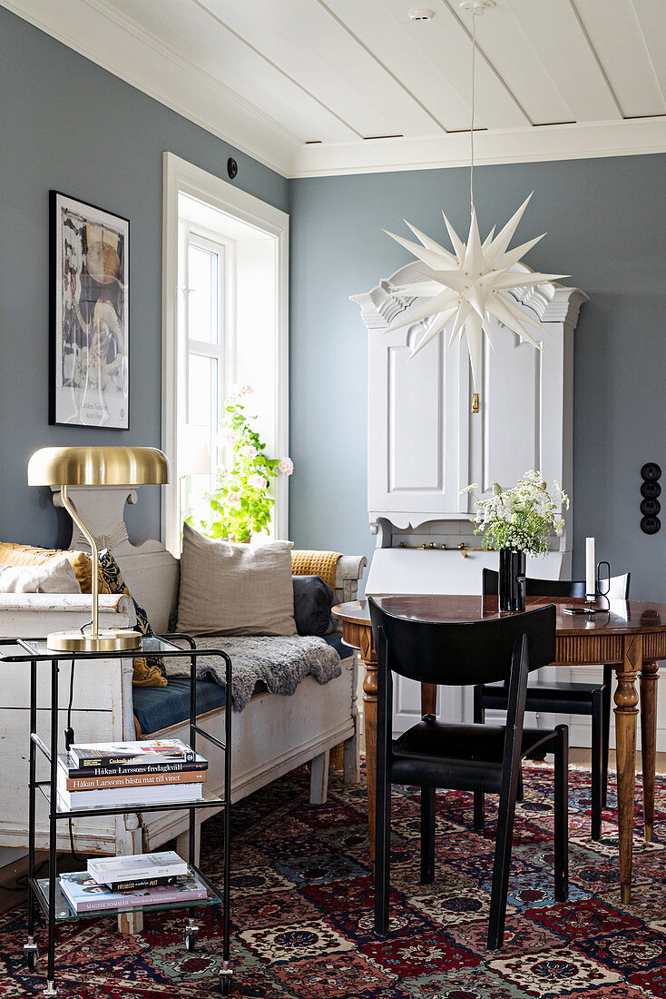 Scandinavian kitchen bench in cosy dining room