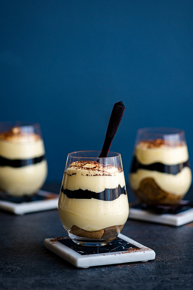 Tiramisu with layer of black sesame paste (tahini)