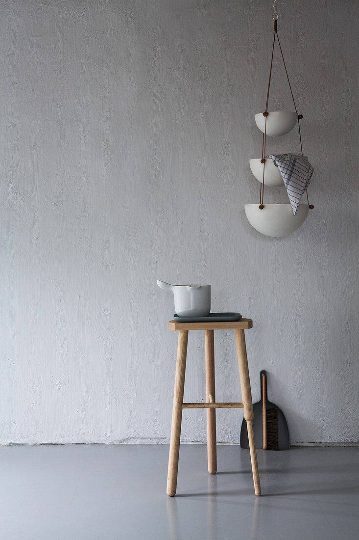 Set of hanging bowls and stool