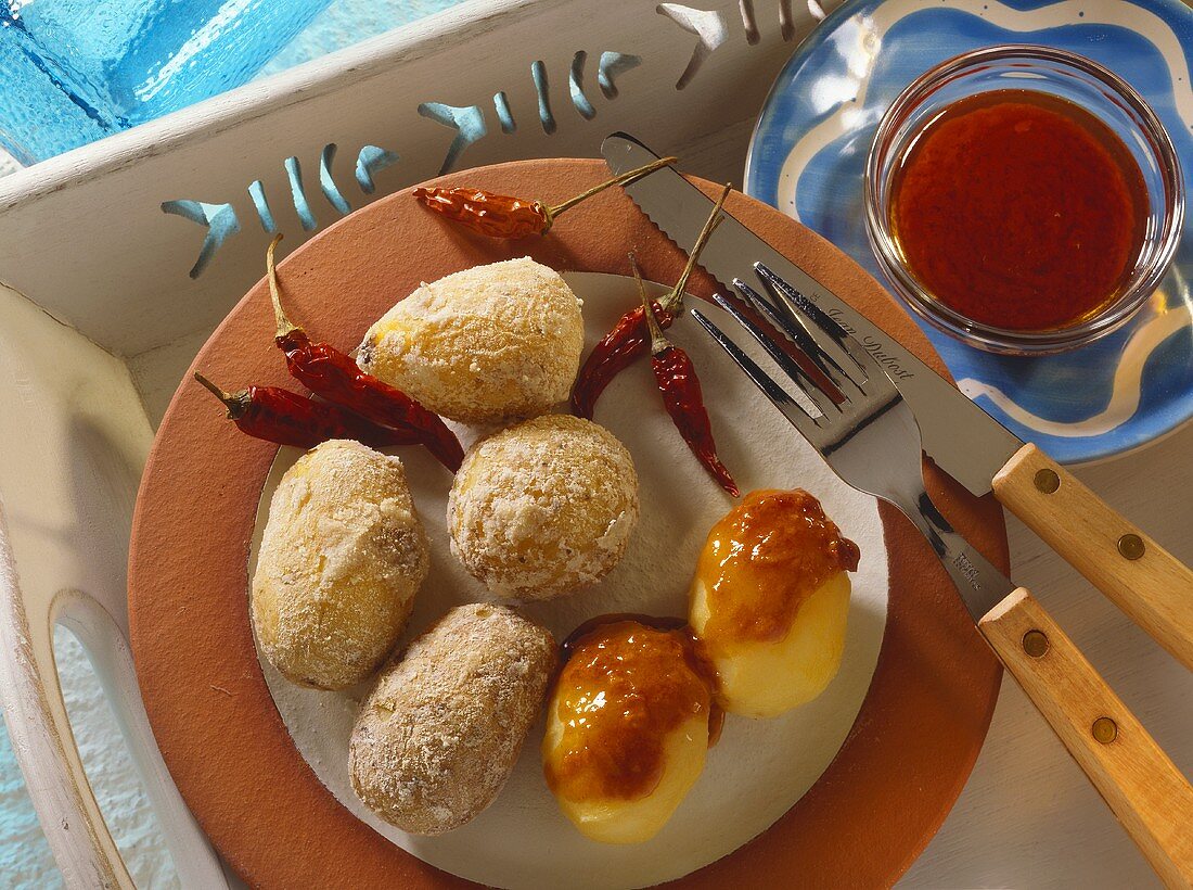 Canarian boiled potatoes with salt crust and red mojo sauce