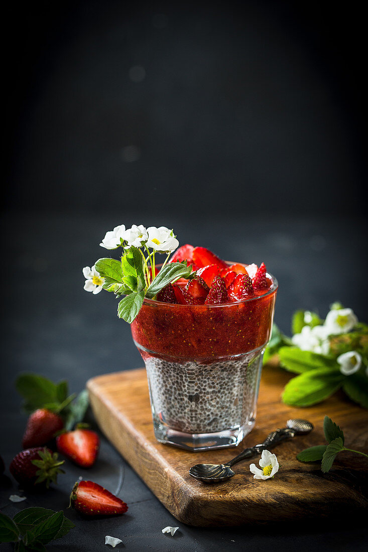 Chia pudding with strawberry compote