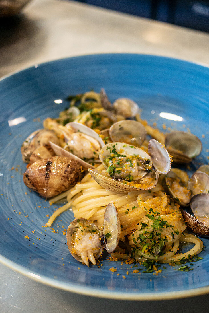 Palatable spaghetti served on plate with herbs and clams in restaurant