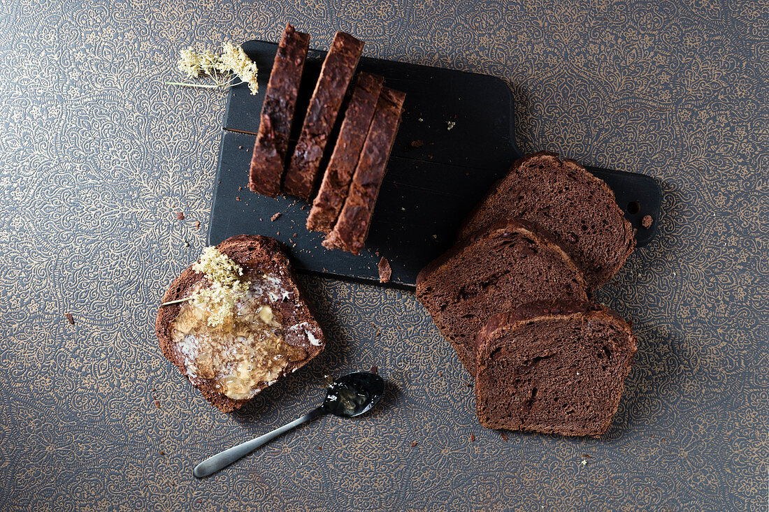 Chocolate bread with elderflower jelly