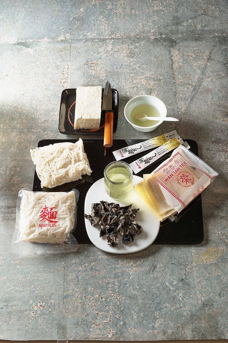 Japanese ingredients - tofu, dashi, udon noodles, mu-err mushrooms, yuzu, wonton leaves